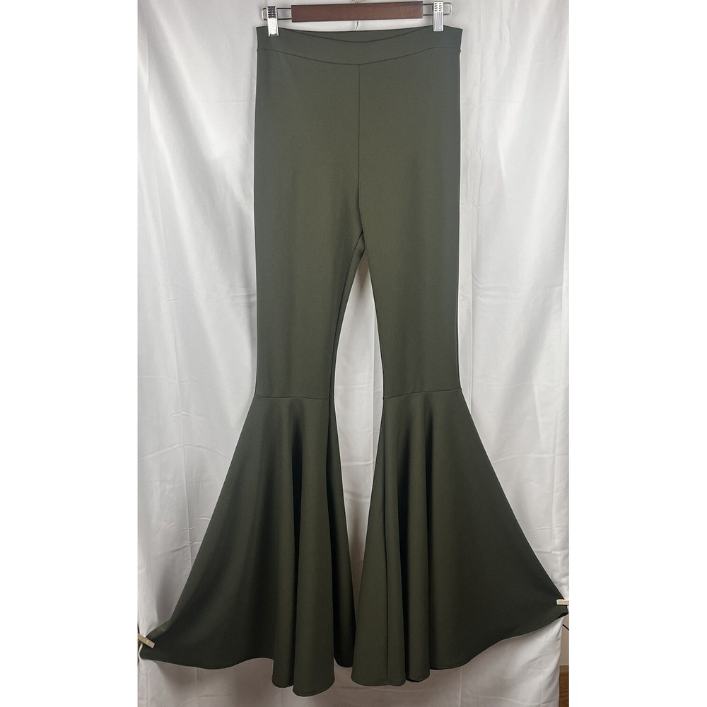 Extreme Flare Leg Pants Olive Green High Waist Bell Bottoms 70s Festival L Tall
